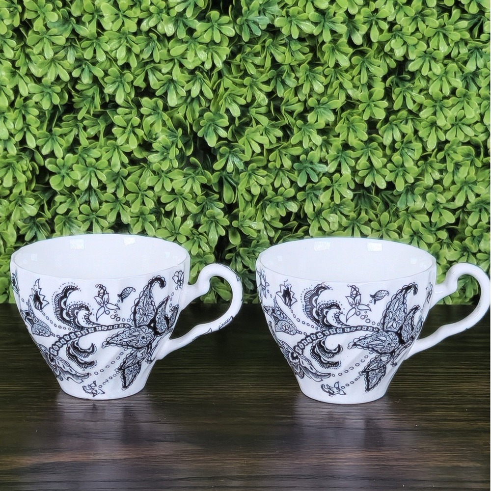 VTG Johnson Brothers Made in England Black Paisley Floral White Teacups Set-2